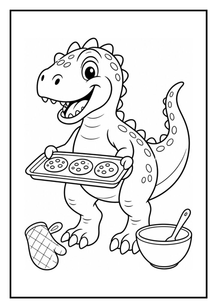 Leuke kleurplaat van een schattige allosaurus die een bakplaat met koekjes vasthoudt met een ovenwant en een kom met lepel naast zich.