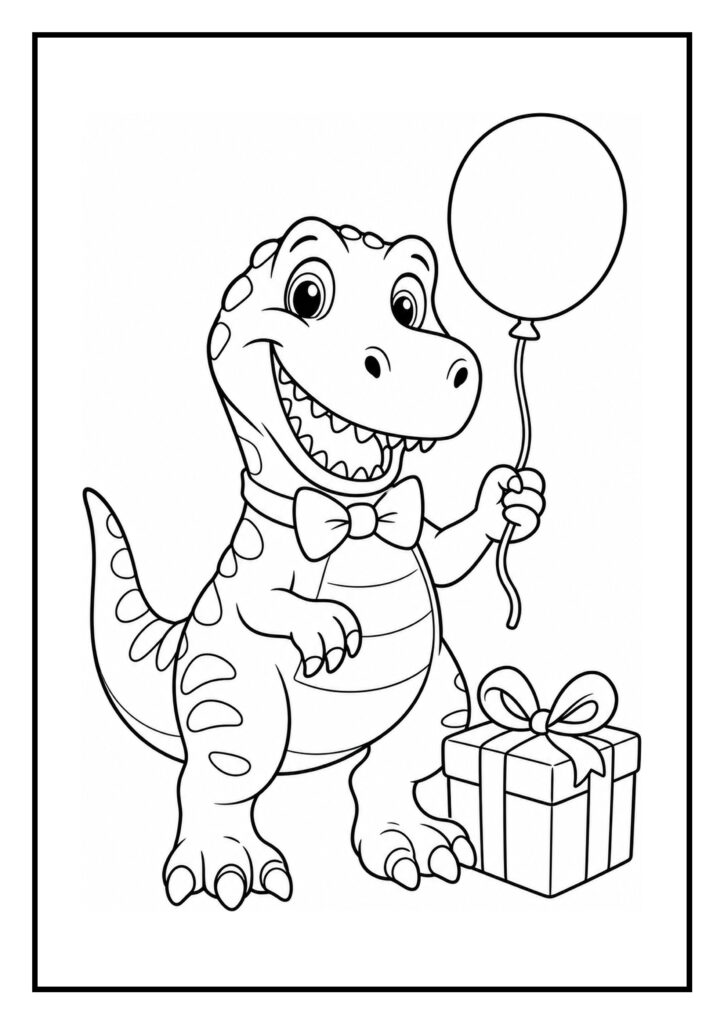 Kleurplaat van een schattige onbekende dinosaurus die een ballon vasthoudt en naast een cadeau staat.