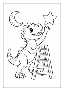 Leuke kleurplaat van een schattige onbekende dinosaurus die op een ladder staat en een ster probeert te pakken, met een maan op de achtergrond.
