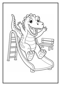 Leuke kleurplaat van een vrolijke dinosaurus die van een glijbaan glijdt in een speeltuin.