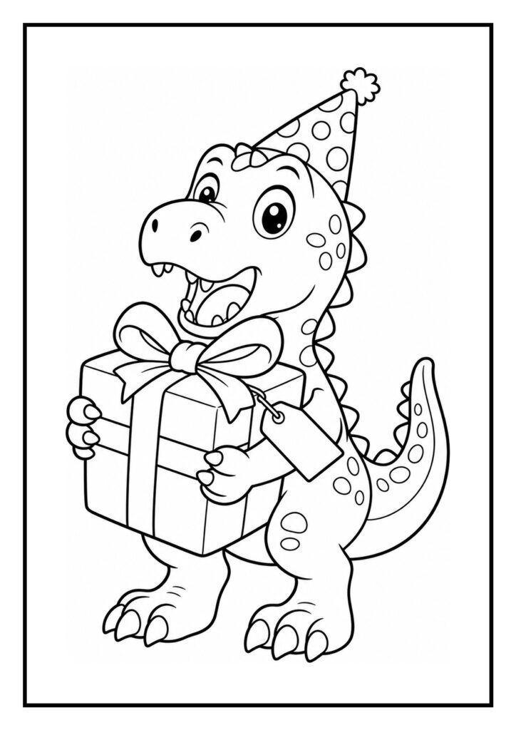 Leuke kleurplaat van een vrolijke dinosaurus met een verjaardagshoed die een cadeau vasthoudt