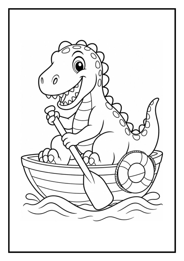Vrolijke kleurplaat van een schattige onbekende dinosaurus die roeit in een bootje op het water.