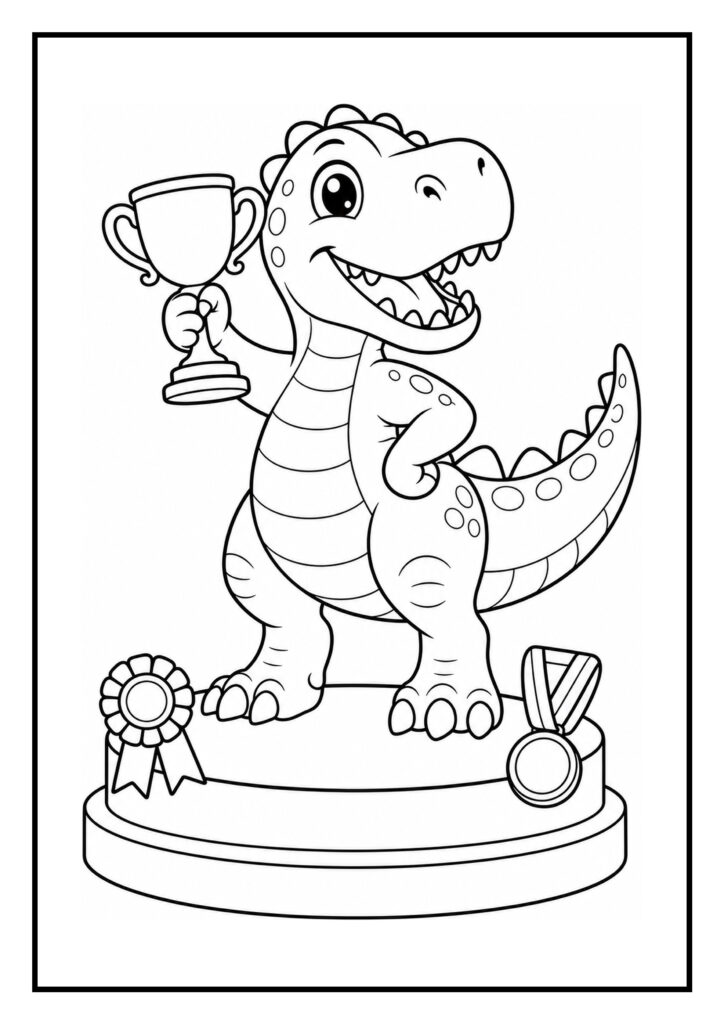 Kleurplaat van een vrolijke Allosaurus die een beker vasthoudt en op een podium staat met medailles