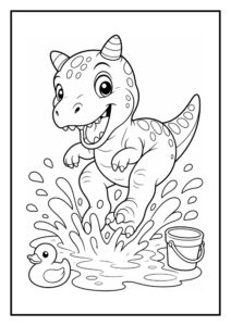 Vrolijke Carnotaurus dinosaurus die in water springt met een badeend en emmer naast zich