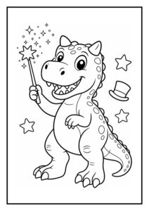 Leuke kleurplaat van een vrolijke Carnotaurus dinosaurus met een magische toverstok en sterren eromheen