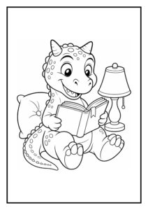 Kleurplaat van een schattige Carnotaurus die blij een boek leest terwijl hij op een kussen naast een lamp zit