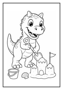 Leuke kleurplaat van een vrolijke Carnotaurus dinosaurus die met een schop een zandkasteel bouwt aan het strand.
