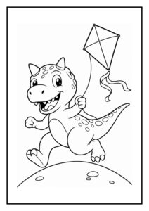 Kleurplaat van een schattige Carnotaurus die vrolijk een vlieger vliegt