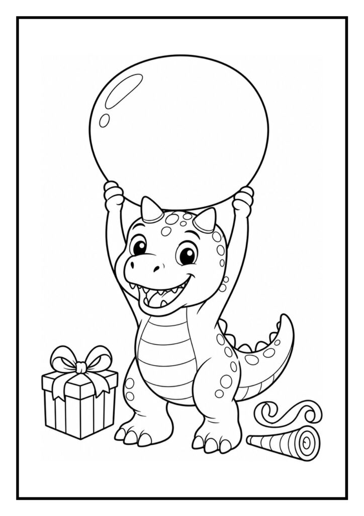Een schattige Carnotaurus dinosaurus houdt een grote ballon vast naast cadeautjes en feesthoedjes.