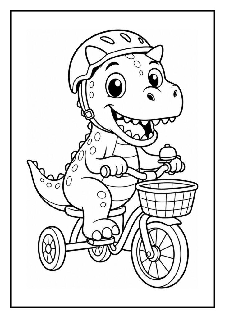 Leuke kleurplaat van een vrolijke Carnotaurus dinosaurus met helm die op een driewieler rijdt