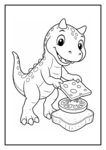 Leuke kleurplaat van een vrolijke Carnotaurus dinosaurus die een sandwich maakt