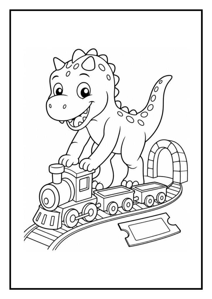 Vrolijke Carnotaurus dinosaurus die speelt met een speelgoedtrein op een kleurplaat voor peuters.