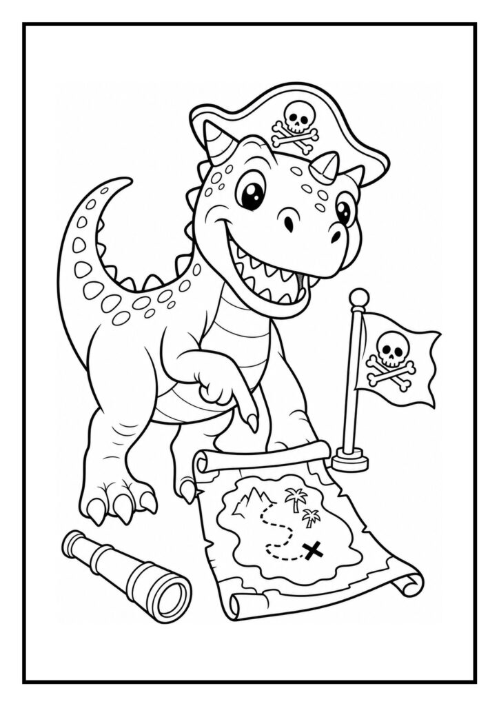 Leuke kleurplaat van een vrolijke Carnotaurus met piratenhoed die wijst naar een schatkaart met piratenvlag en kijker