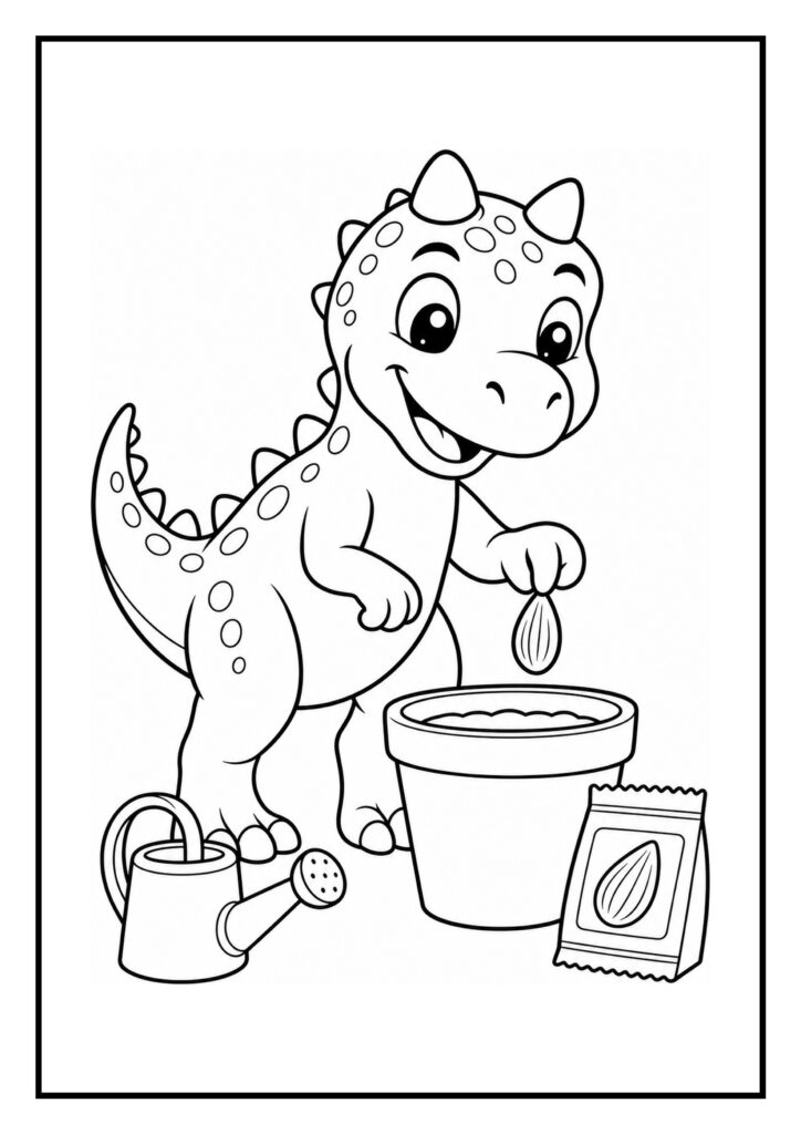 Vrolijke Carnotaurus dinosaurus kleurplaat met een dinosaurus die een groot zaadje in een bloempot plant