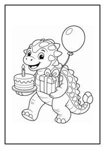 Kleurplaat van een Ankylosaurus met een verjaardagstaart, cadeau en ballon in een feestelijke sfeer.