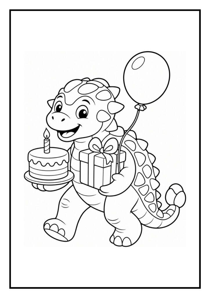 Kleurplaat van een Ankylosaurus met een verjaardagstaart, cadeau en ballon in een feestelijke sfeer.