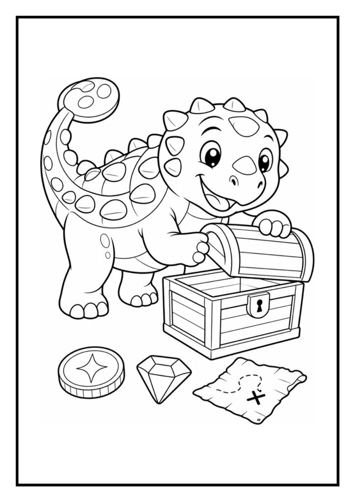 Leuke kleurplaat van een vrolijke ankylosaurus die een open schatkist bekijkt met een munt, diamant en schatkaart op de voorgrond.