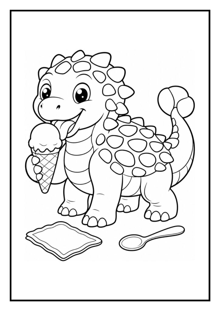 Vrolijke Ankylosaurus die een ijsje eet met een lepel en bordje naast zich