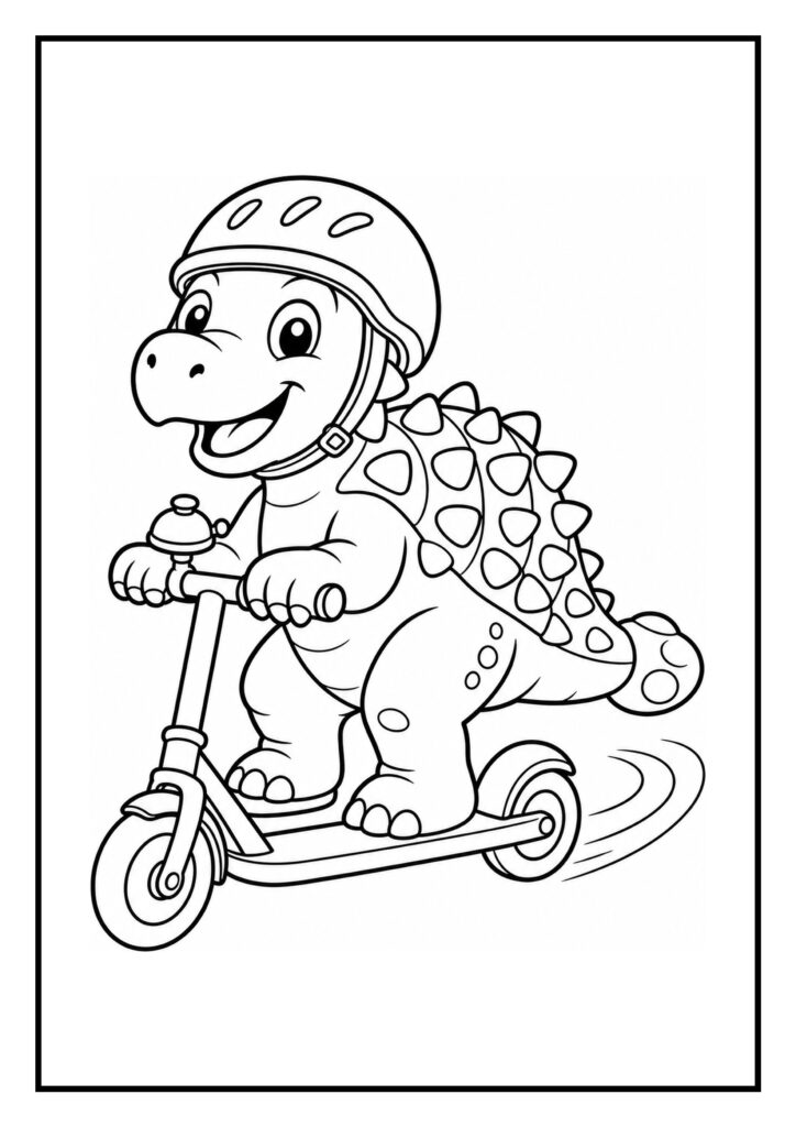 Kleurplaat van een vrolijke Ankylosaurus die een helm draagt en op een step rijdt