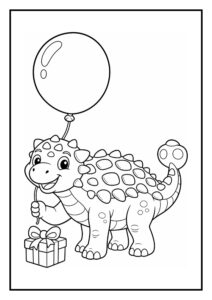 Vrolijke ankylosaurus die een ballon vasthoudt naast een cadeau op een kleurplaat