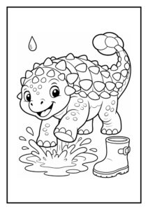 Kleurplaat van een vrolijke ankylosaurus die springt in een regenplas met regenlaars naast zich