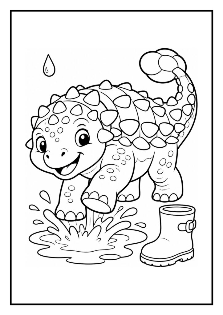 Kleurplaat van een vrolijke ankylosaurus die springt in een regenplas met regenlaars naast zich