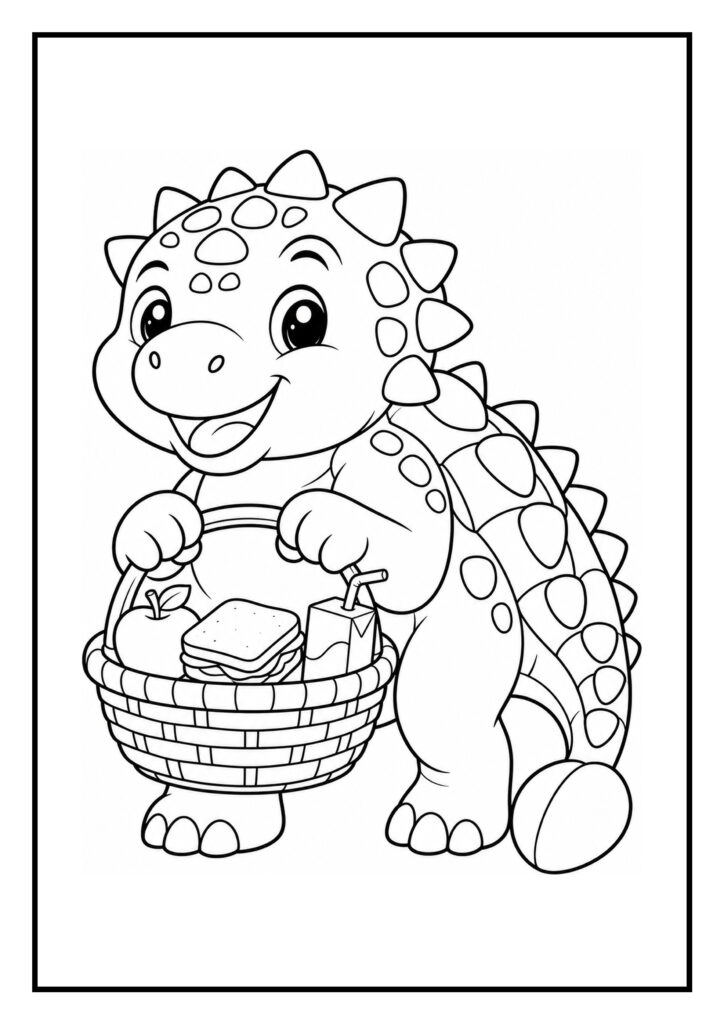Vrolijke kleurplaat van een schattige ankylosaurus die een picknickmand vasthoudt met een appel, een sandwich en een pakje drinken.