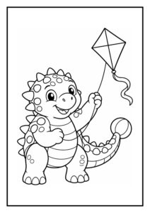 Kleurplaat van een vrolijke Ankylosaurus die een vlieger vasthoudt, geschikt voor jonge kinderen.