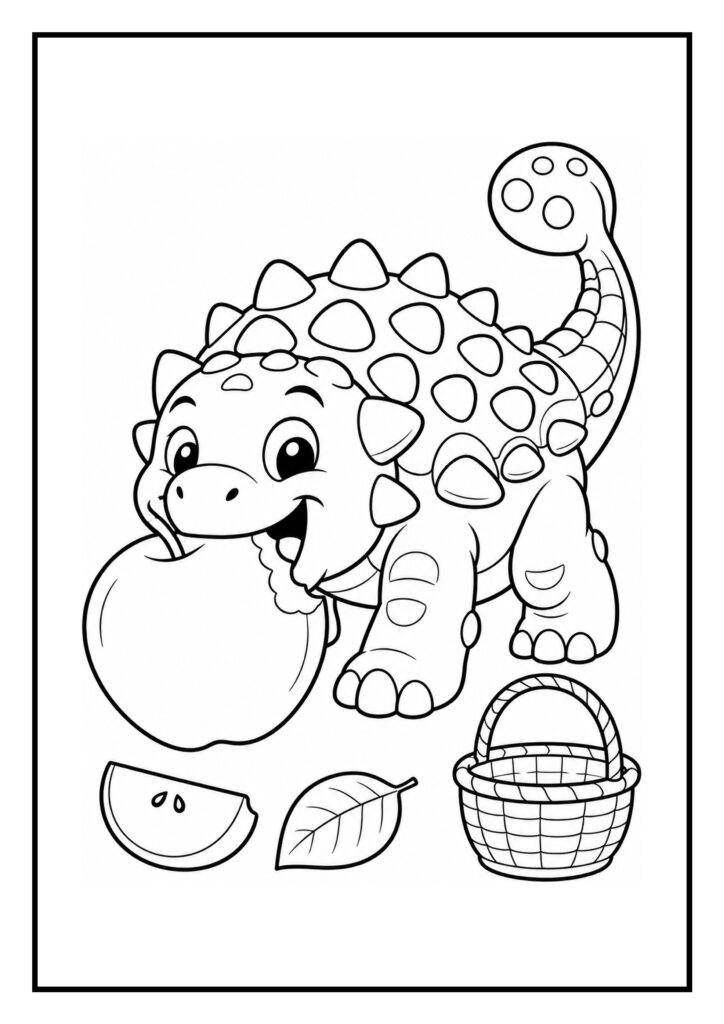 Schattige ankylosaurus die een grote appel eet met een appelstuk, blad en mandje naast zich