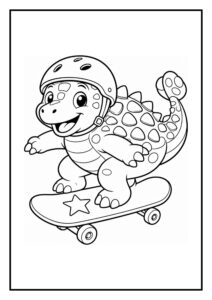 Leuke kleurplaat van een vrolijke Ankylosaurus op een skateboard met helm, geschikt voor peuters.