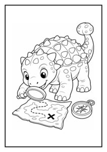 Een schattige ankylosaurus bekijkt met een vergrootglas een schatkaart, naast een kompas.