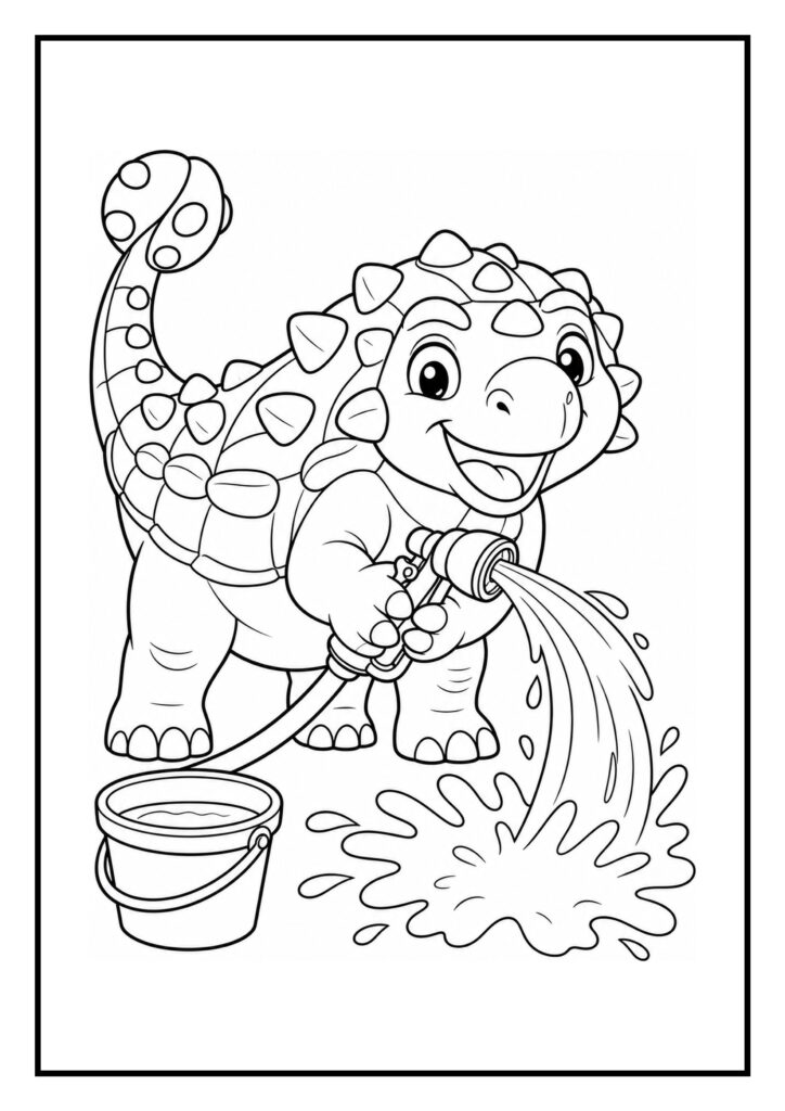 Vrolijke Stegosaurus die water spuit met een waterslang kleurplaat voor peuters