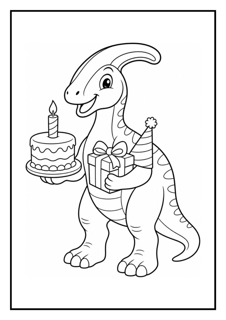 Kleurplaat van een Parasaurolophus dinosaurus die een verjaardagstaart en een cadeau vasthoudt in een feestelijke setting.