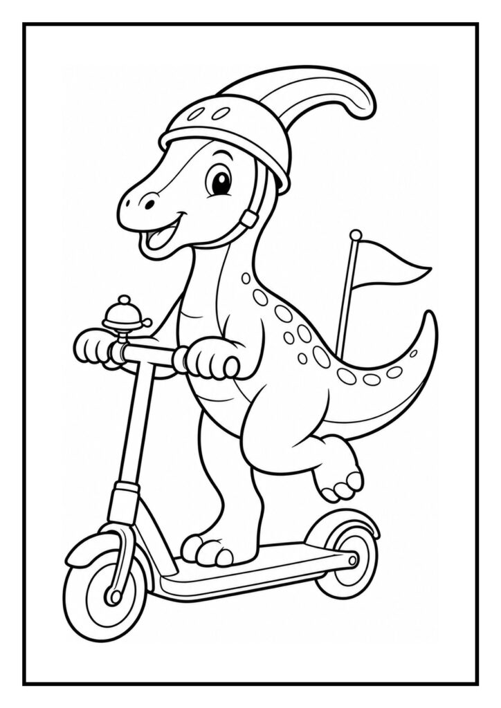 Vrolijke parasaurolophus op een step met helm, kleurplaat voor peuters