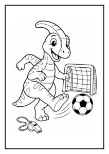 Leuke kleurplaat van een vrolijke parasaurolophus dinosaurus die voetbal speelt met een doel en fluitje op de grond