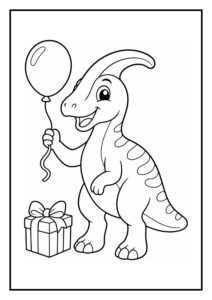 Kleurplaat van een vrolijke parasaurolophus die een ballon vasthoudt naast een cadeautje, geschikt voor jonge kinderen.