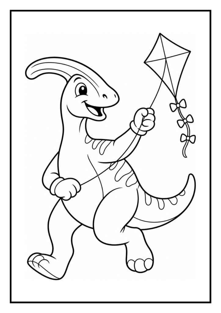 Vrolijke Parasaurolophus dinosaurus die een vlieger vasthoudt kleurplaat