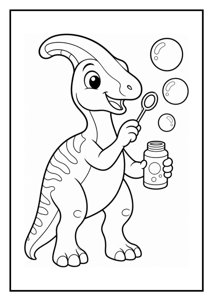 Vrolijke parasaurolophus die bellen blaast op een makkelijke en schattige kleurplaat voor toddlers