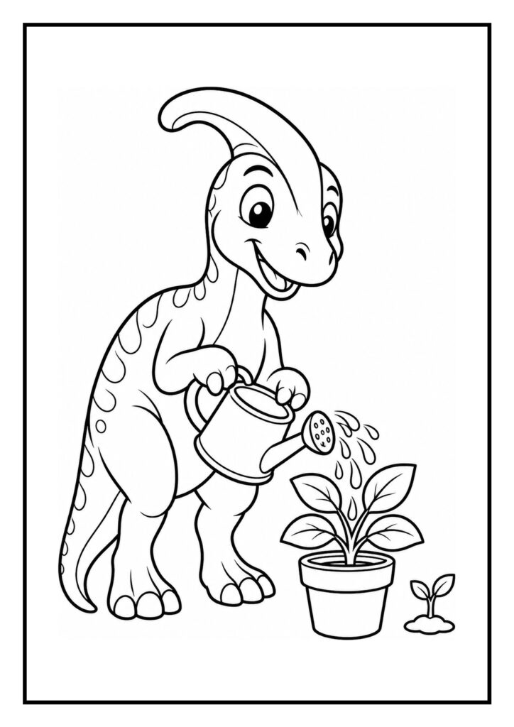 Leuke kleurplaat van een schattige Parasaurolophus die een plant water geeft met een gieter