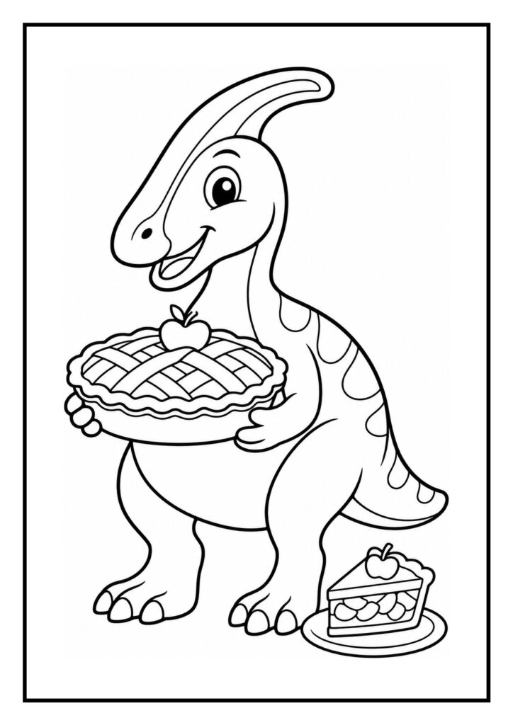Vrolijke parasaurolophus dinosaurus die een zelfgemaakte appeltaart vasthoudt met een stuk taart op een bord ernaast