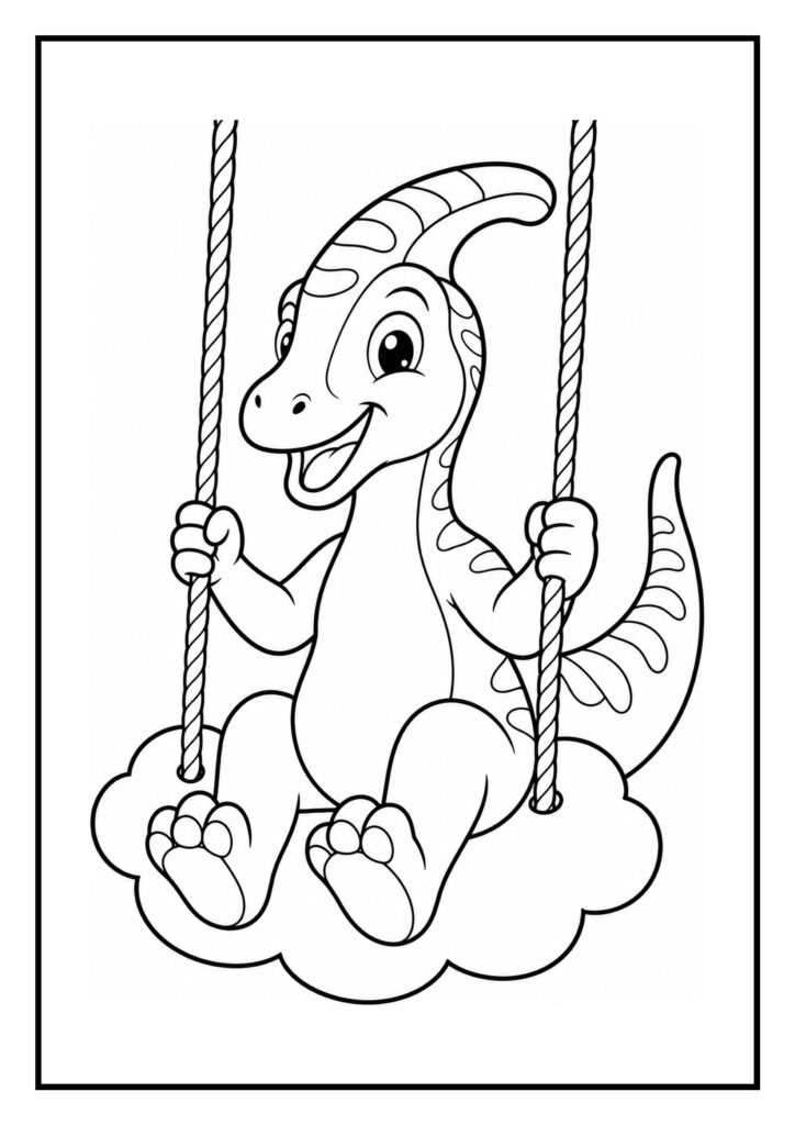 Leuke kleurplaat van een vrolijke Parasaurolophus dinosaurus die op een wolkschommel zit.