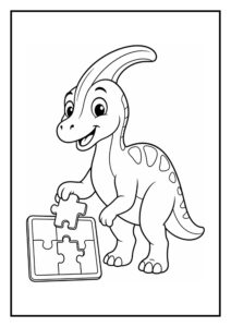 Leuke kleurplaat van een vrolijke Parasaurus die een puzzelstukje vasthoudt, geschikt voor peuters.