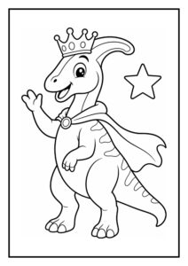 Kleurplaat van een vrolijke Parasaurolophus dinosaurus met een kroon en een cape die zwaait naast een ster