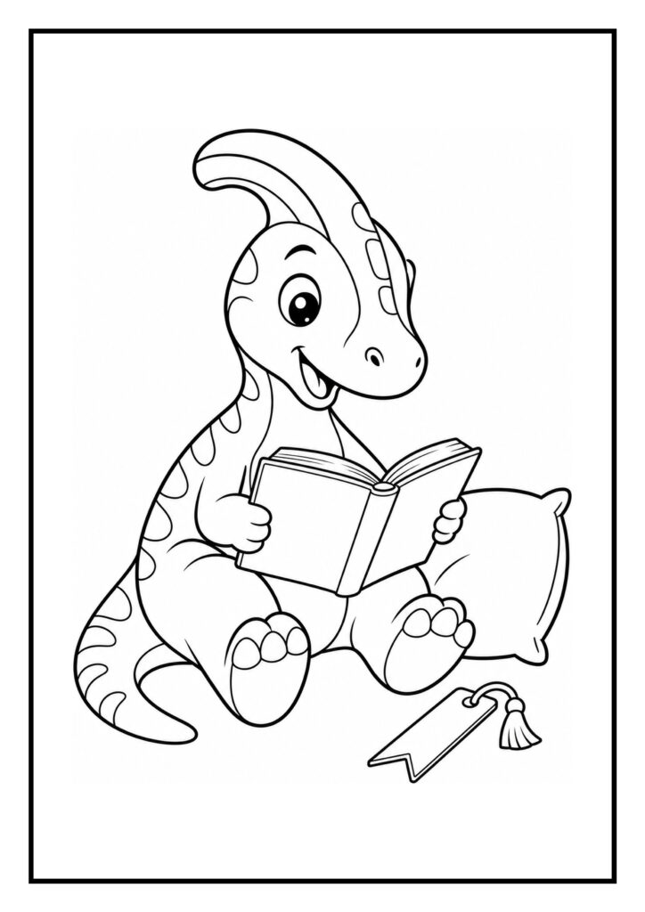 Leuke kleurplaat van een vrolijke parasaurolophus die een boek leest met een kussen en boekenlegger erbij