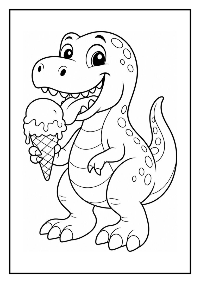 Leuke kleurplaat van een vrolijke T-Rex die een ijsje vasthoudt, geschikt voor kinderen