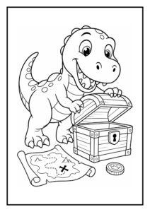 Vrolijke T-Rex dinosaurus opent een schatkist naast een schatkaart en munt op een leuke kleurplaat.