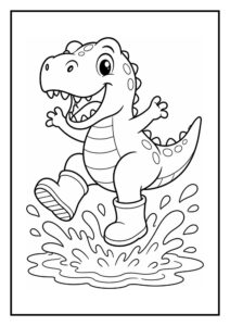 Leuke kleurplaat van een vrolijke T-Rex dinosaurus met laarzen die in een plas water springt