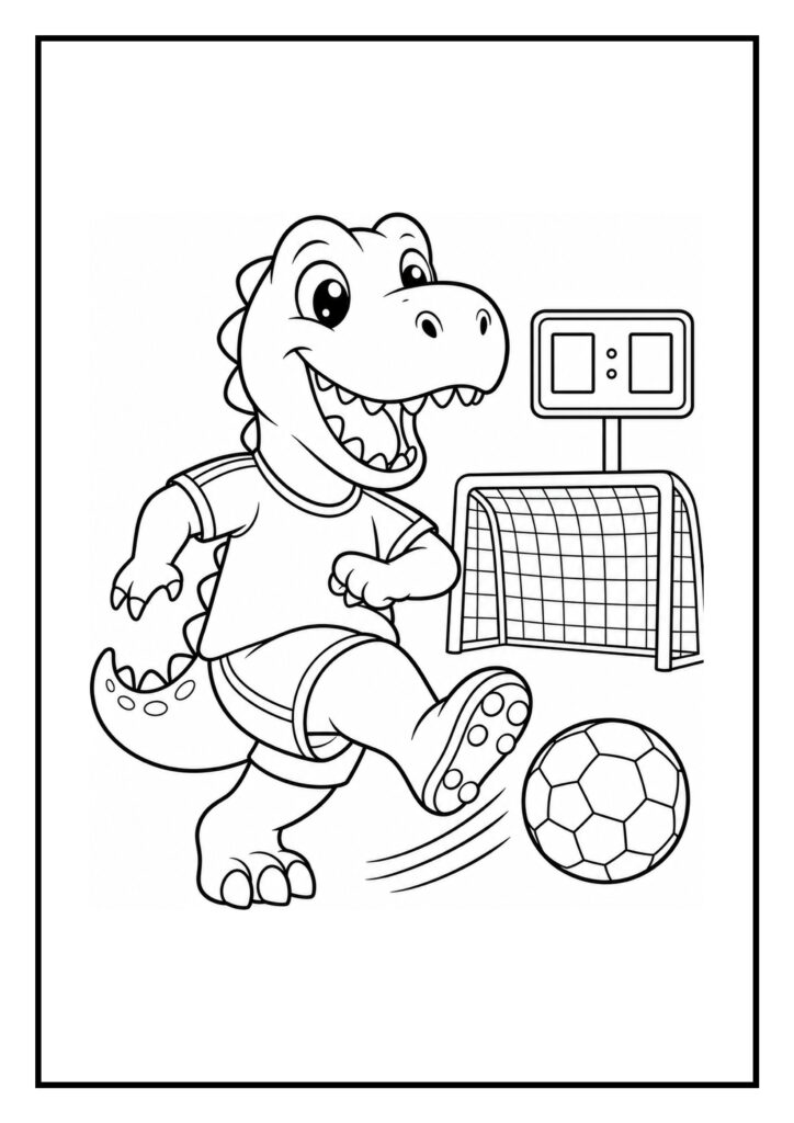 Kleurplaat van een vrolijke T-Rex dinosaurus die voetbal speelt met een doel en scorebord