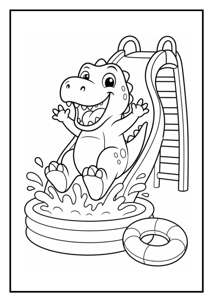Schattige T-Rex dinosaurus die met plezier van een glijbaan in een zwembadje glijdt
