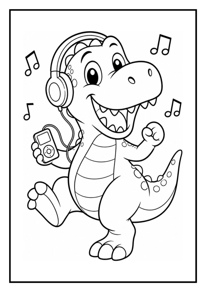 Vrolijke kleurplaat van een schattige T-Rex die danst met een muziekspeler en hoofdtelefoon